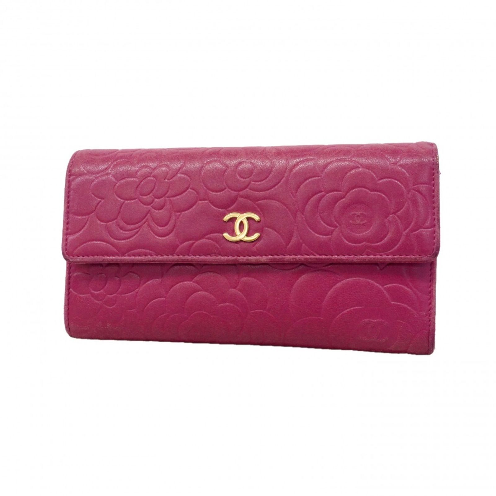 シャネル(Chanel) シャネル 長財布 カメリア ラムスキン ピンク レディース
