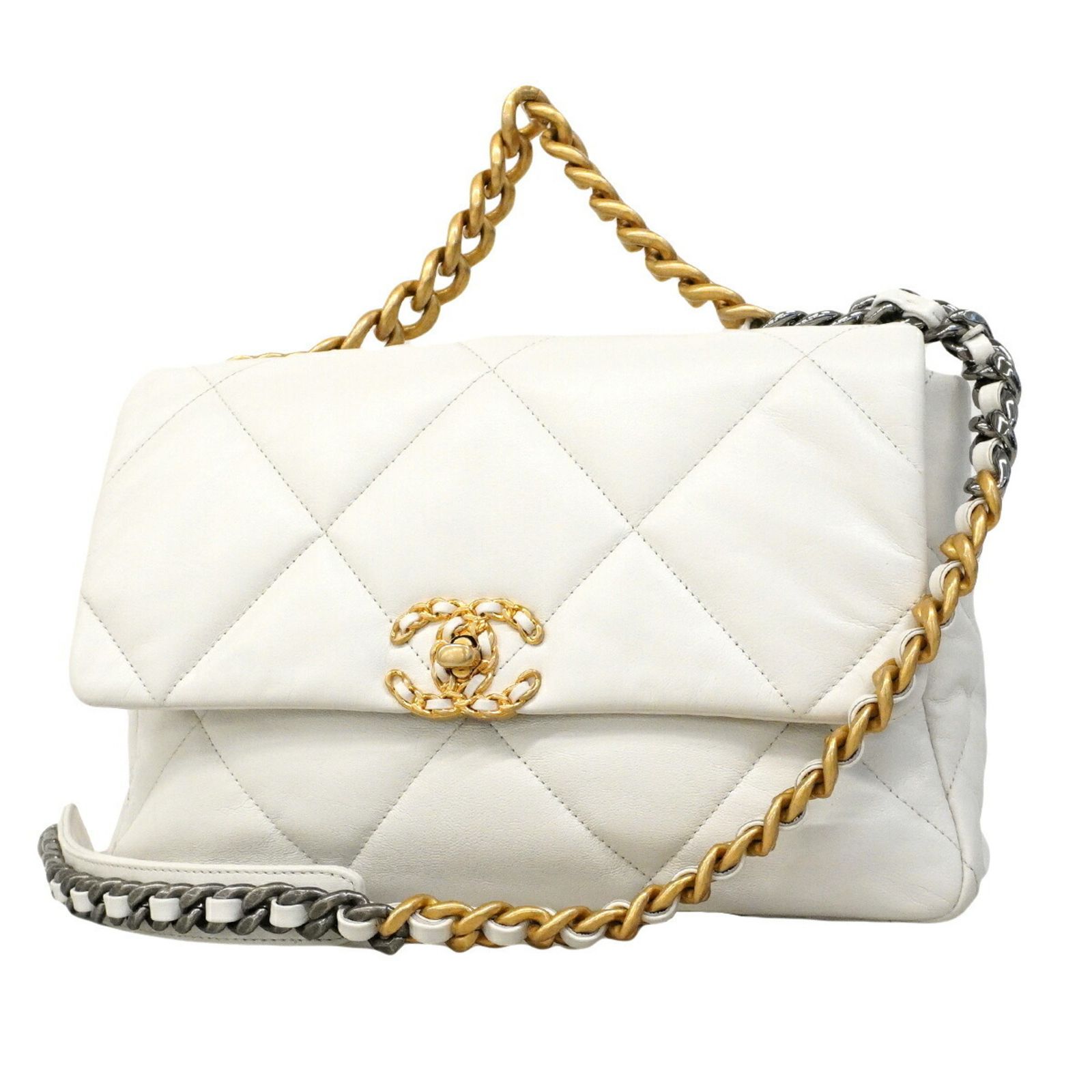 シャネル(Chanel) シャネル ハンドバッグ チェーンショルダー シャネル19 ラムスキン ホワイト ゴールド 2wayバッグレディース