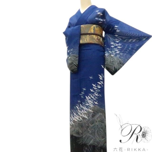 六花-RIKKA- E-8 美品 洗える夏着物 絽 鶴 ラメ❀群鶴蒼波－ウルトラ