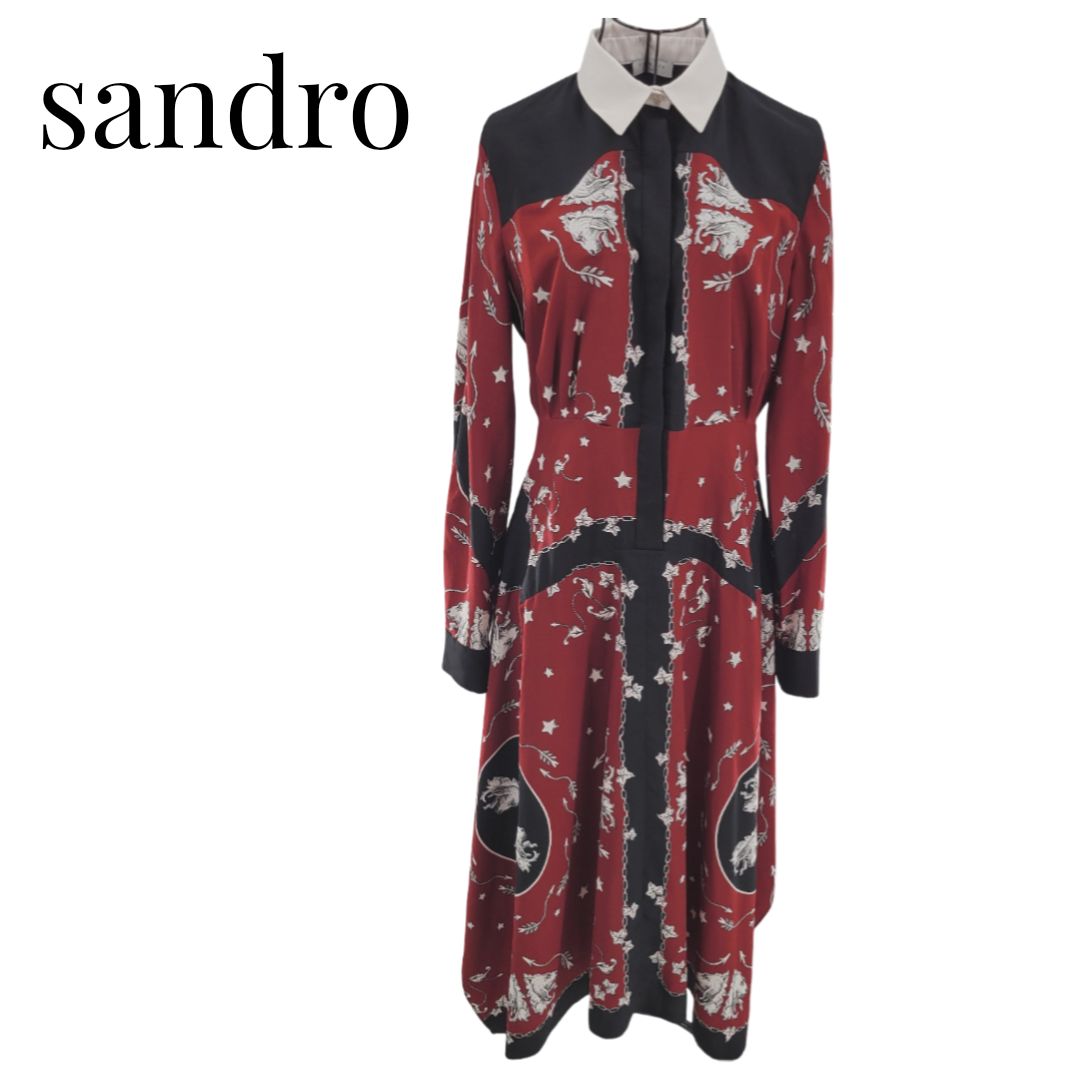 【希少・レア】Sandro サンドロ ロングシャツワンピース 長袖 レッド ブラック アニマル フレア ロング丈 ドレス スリットあり ウルフ レディース ニコール・キッドマン着用モデル