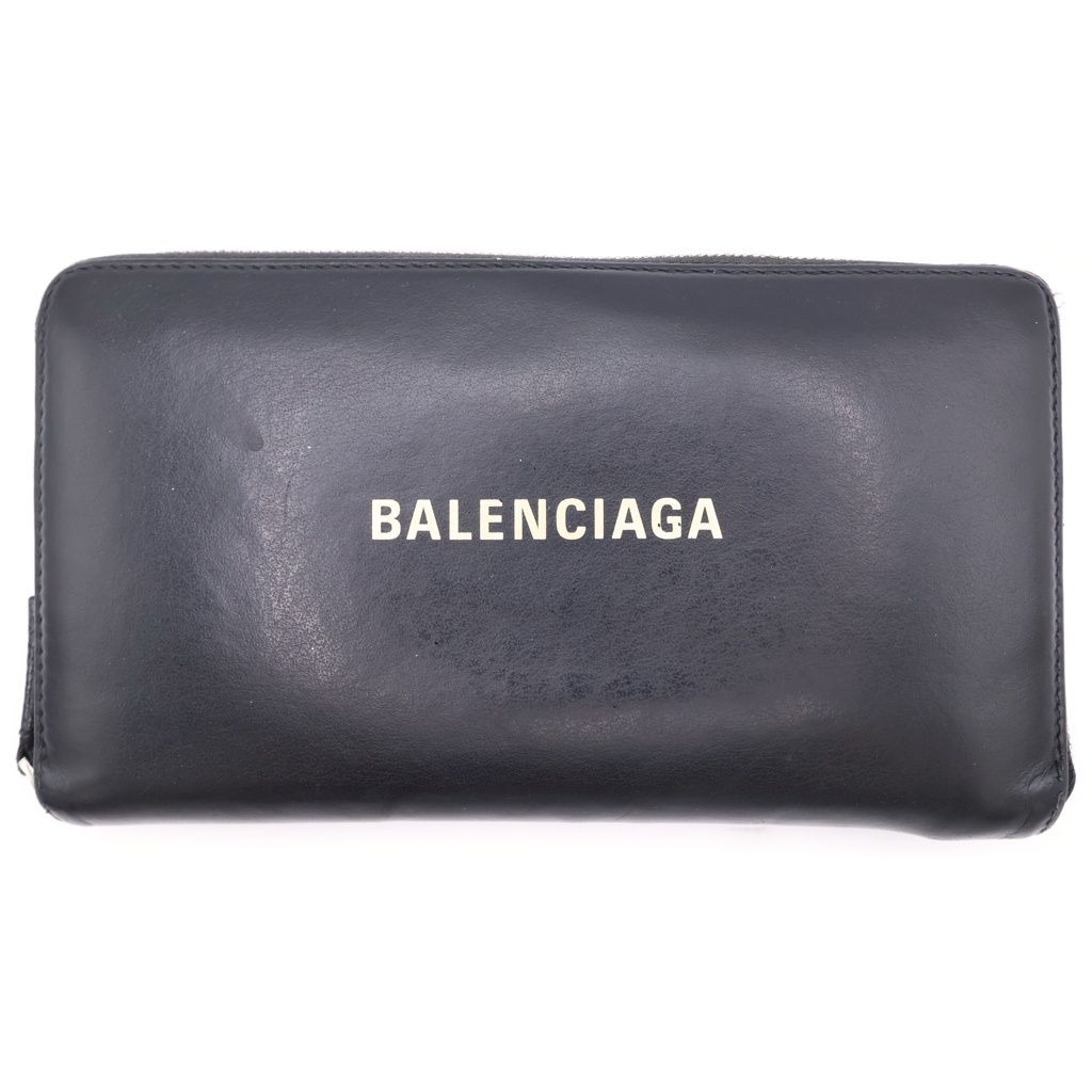 BALENCIAGA (バレンシアガ) ロゴプリント レザー ラウンドジップ ウォレット 財布 ブラック