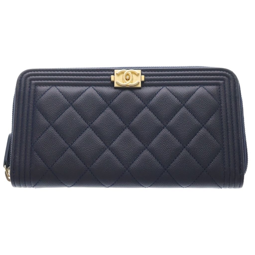CHANEL (シャネル) ボーイシャネル キャビアスキン レザー ラウンドファスナー ロングウォレット 長財布 ゴールド金具 ネイビー 24番台 シール