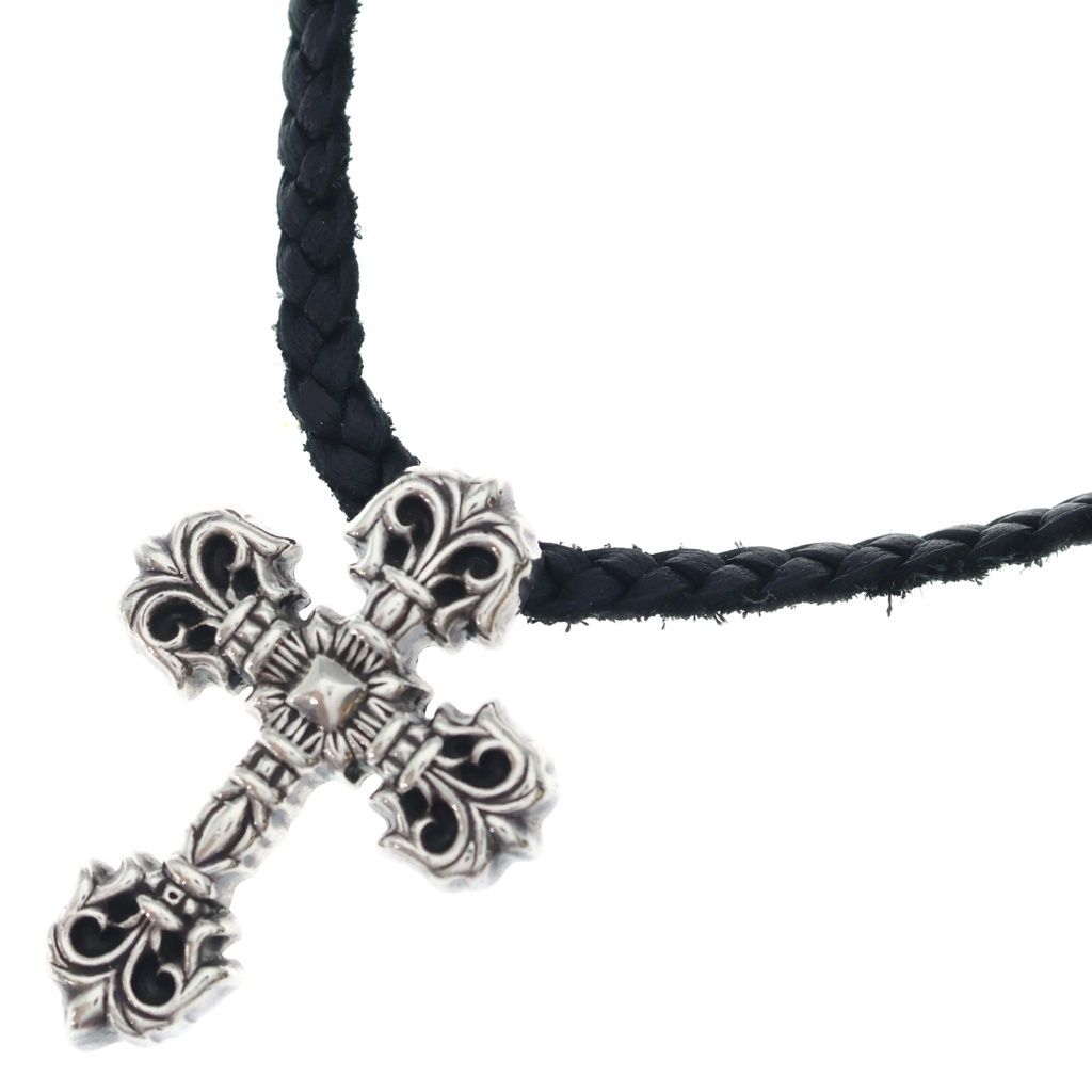 CHROME HEARTS (クロムハーツ) FILIG CROSS-XSM LB フィリグリー クロス レザーブレイド ネックレス シルバー