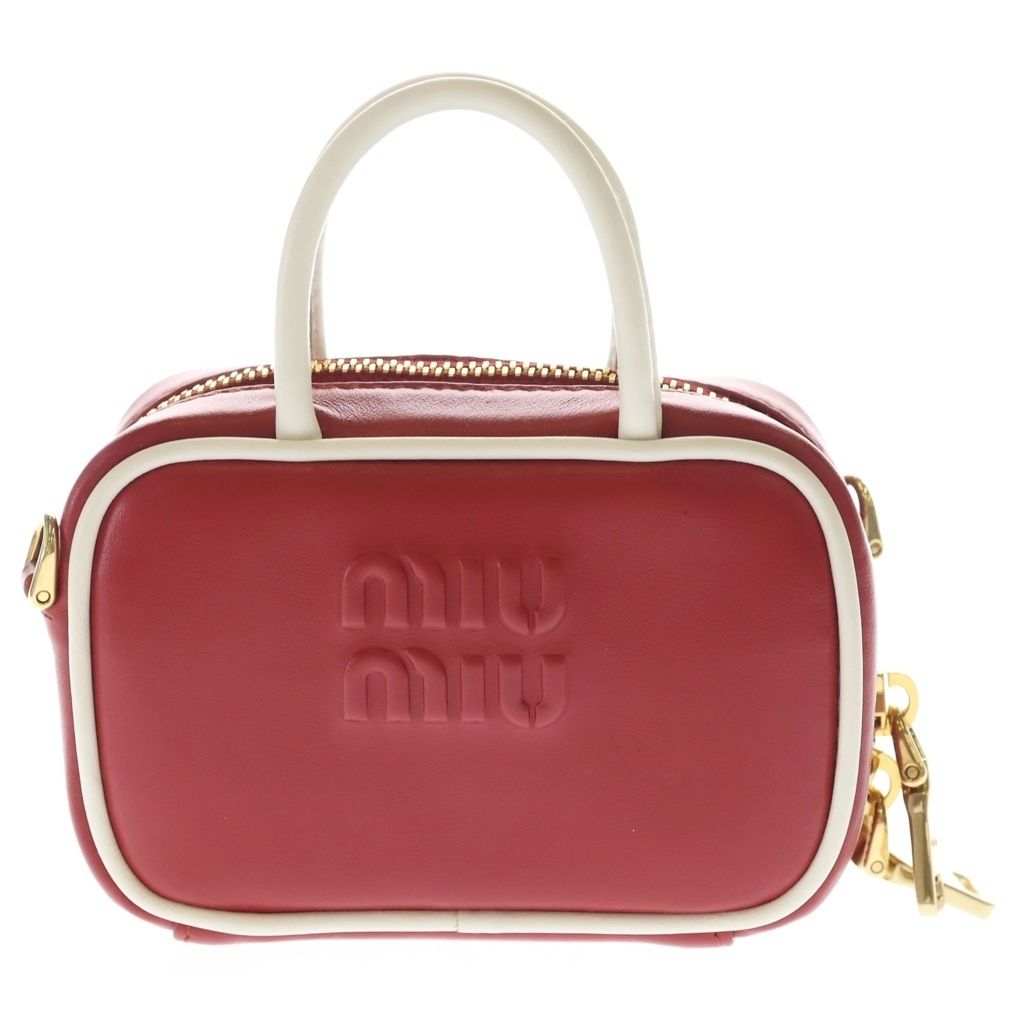 miumiu (ミュウミュウ) BEAU LEATHER MICRO-BAG ボー ロゴエンボス加工 マイクロバック レザーチャーム キーホルダー レッド/ホワイト 5NR020