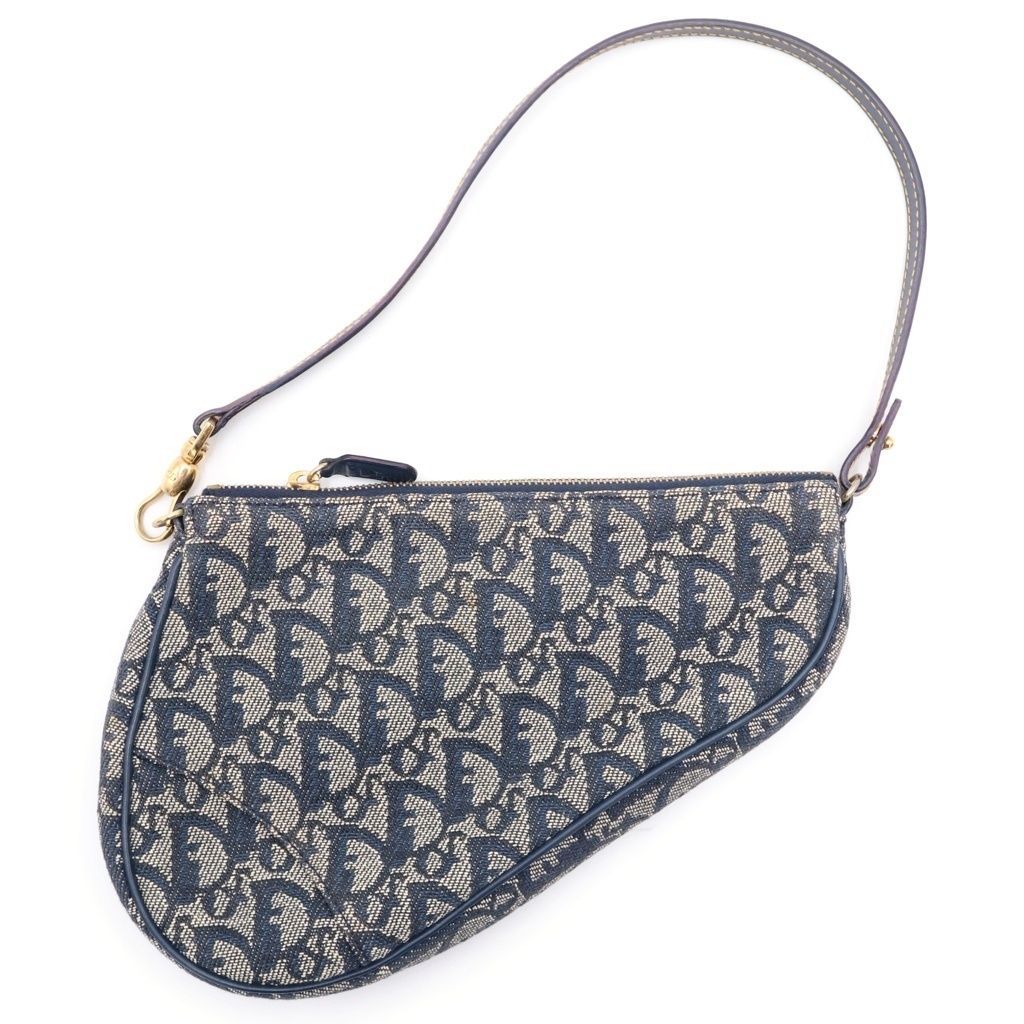 Christian Dior (クリスチャンディオール) トロッター サドルポーチ ハンドバッグ ミニバッグ ネイビー レザー×キャンバス ゴールド金具