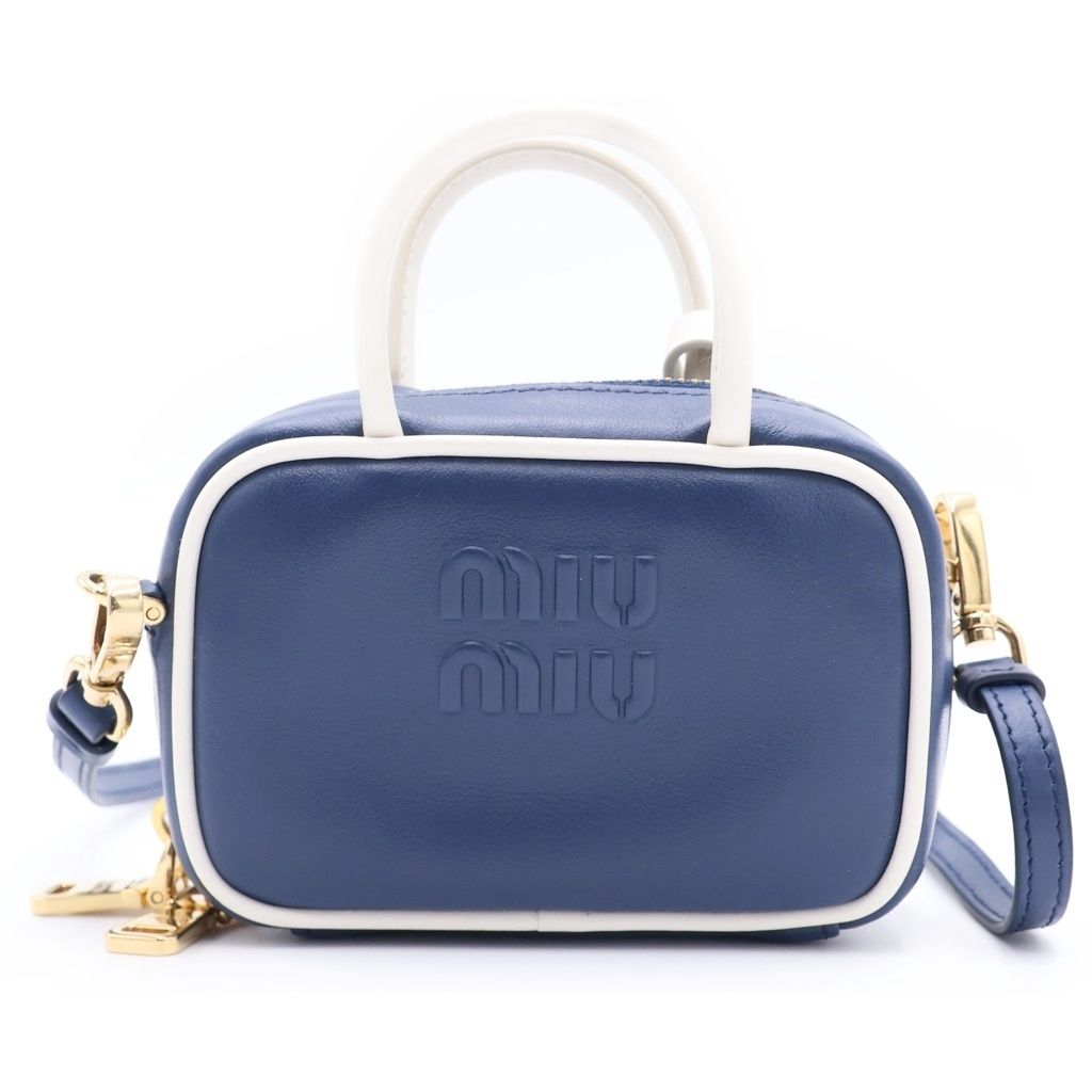 miumiu (ミュウミュウ) BEAU LEATHER MICRO-BAG ボー ロゴエンボス加工 マイクロバック レザーチャーム キーホルダー ブルー/ホワイト 5NR020