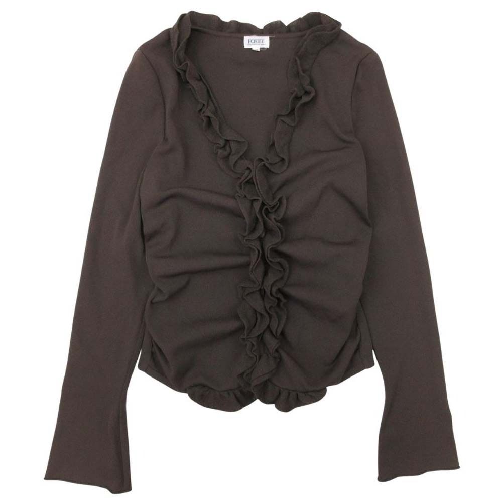 良品 FOXEY BOUTIQUE フォクシー ブティック フリル ニット カーディガン フレアスリーブ 羽織 カットソー 40 茶 ブラウン レディース 古着 中古 USED