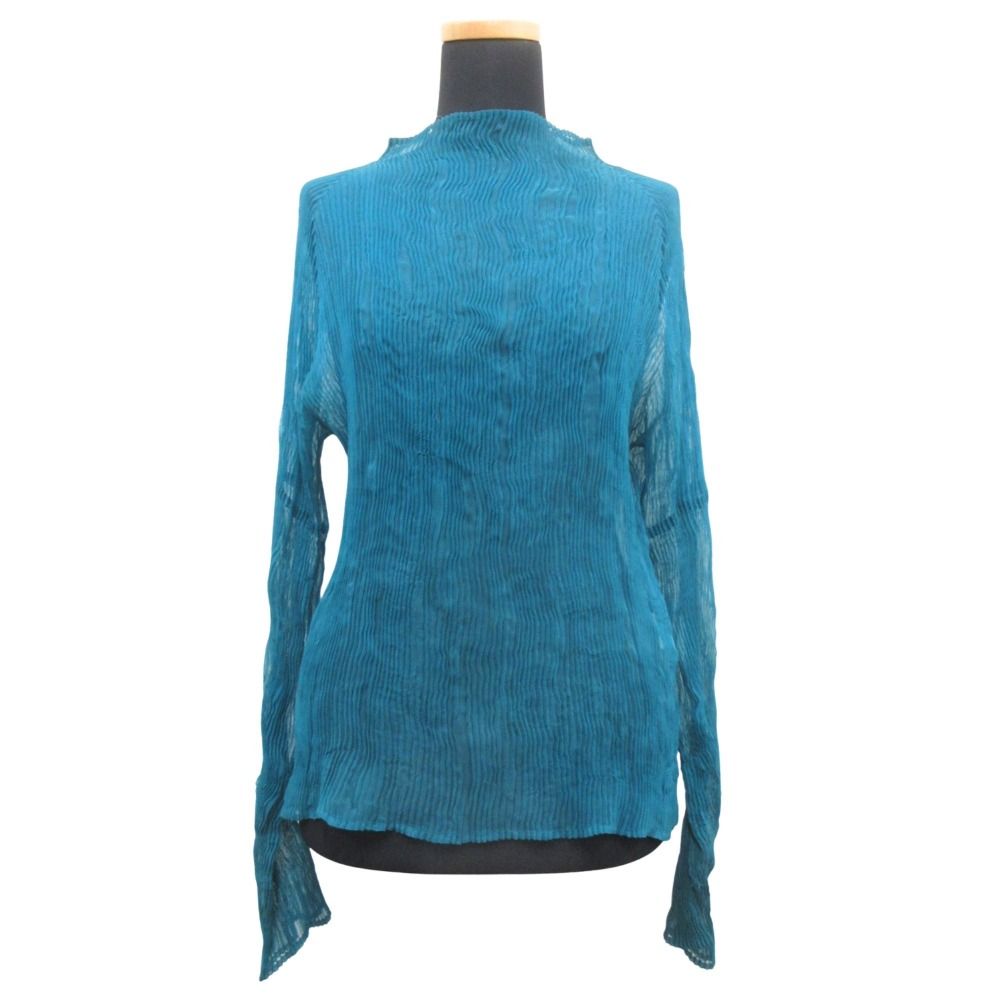 ISSEY MIYAKE イッセイミヤケ 03AW プリーツ シフォンツイスト シャツ シアー ブラウス カットソー ハイネック ヴィンテージ 青 レディース 古着 中古 USED