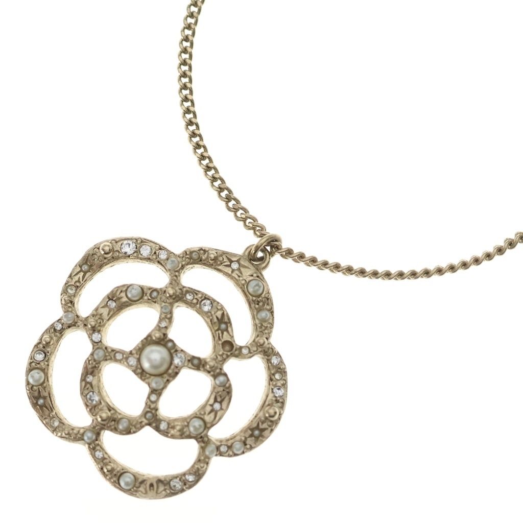 CHANEL (シャネル) カメリア ラインストーン フェイクパール ネックレス ペンダント チェーン ゴールド GP
