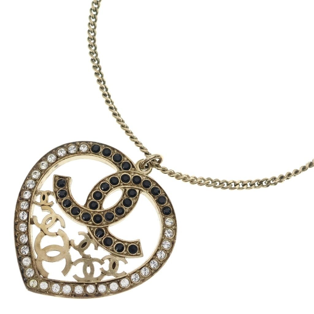 CHANEL (シャネル) ココマーク ラインストーン ハート ネックレス ペンダント チェーン ゴールド×ブラック GP
