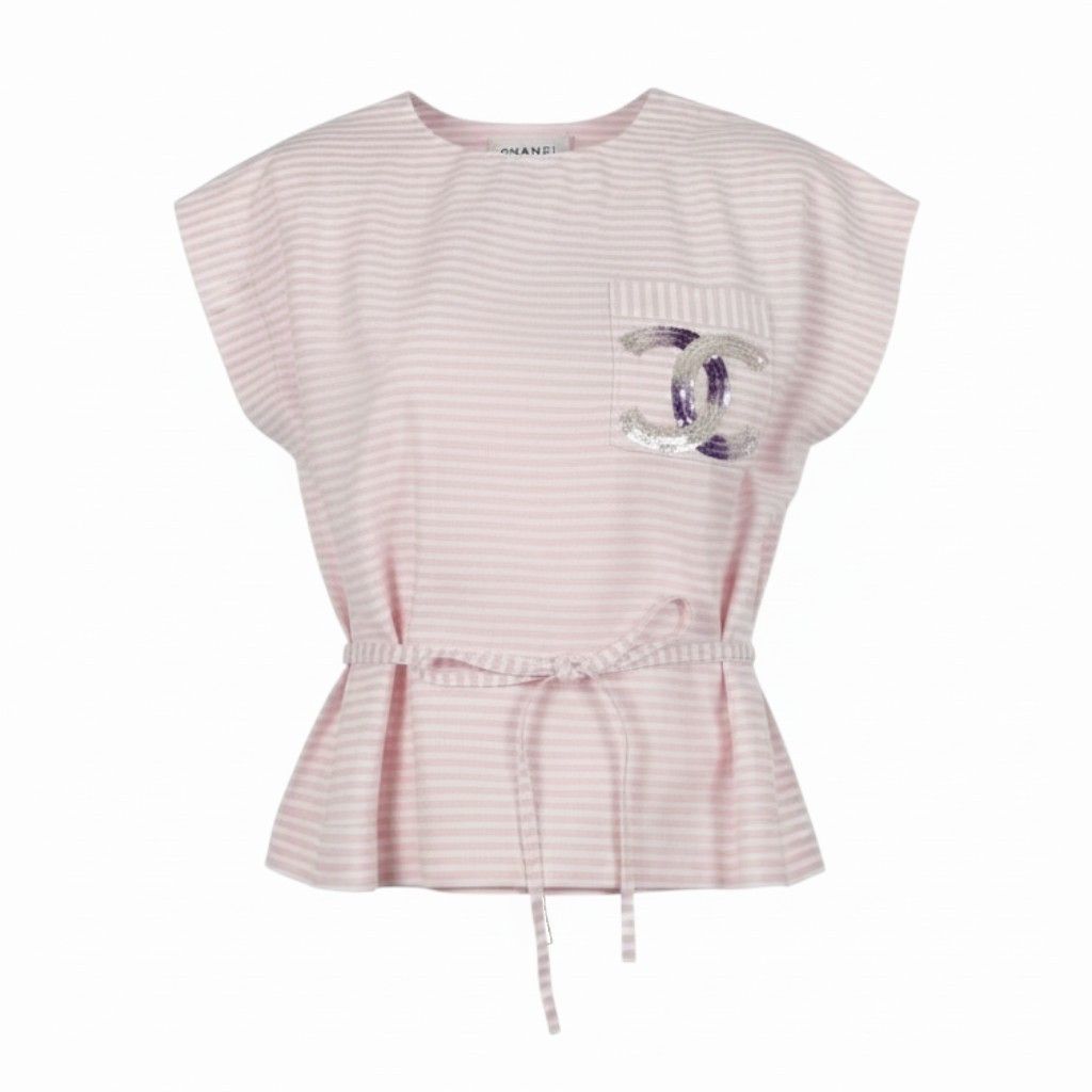 Ce29 《未使用品》 定価60万 CHANEL シャネル 24C ココマーク スパンコール ボーダーシャツ 24C Coco Rose Blanc Blouse Top P76405 42 ピンク タグ付t18r