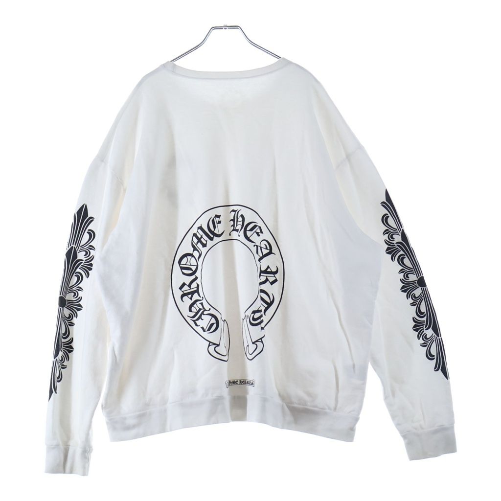 CHROME HEARTS (クロムハーツ) FLRL CRS HORSESHOE L/S バックホースシュー 袖フローラル ロングスリーブ 長袖Tシャツ カットソー ホワイト