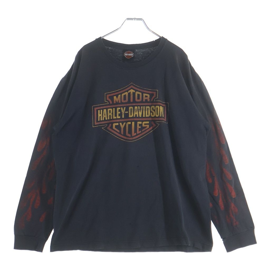 HARLEY DAVIDSON (ハーレーダビッドソン) 90-00S BAR&SHIELD INFERNO FLAME SLEEVE SMOKY MOUNTAIN L/S TEE 袖フレイム 両面プリント 長袖カットソーTシャツ ブラック