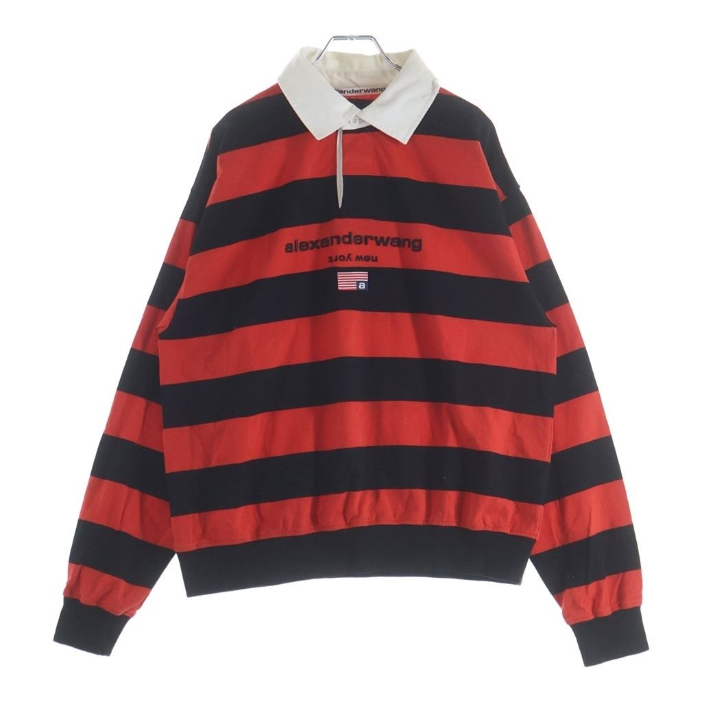 ALEXANDER WANG (アレキサンダーワン) フロントロゴ ボーダー ロングスリーブ ラガーシャツ ブラック/レッド