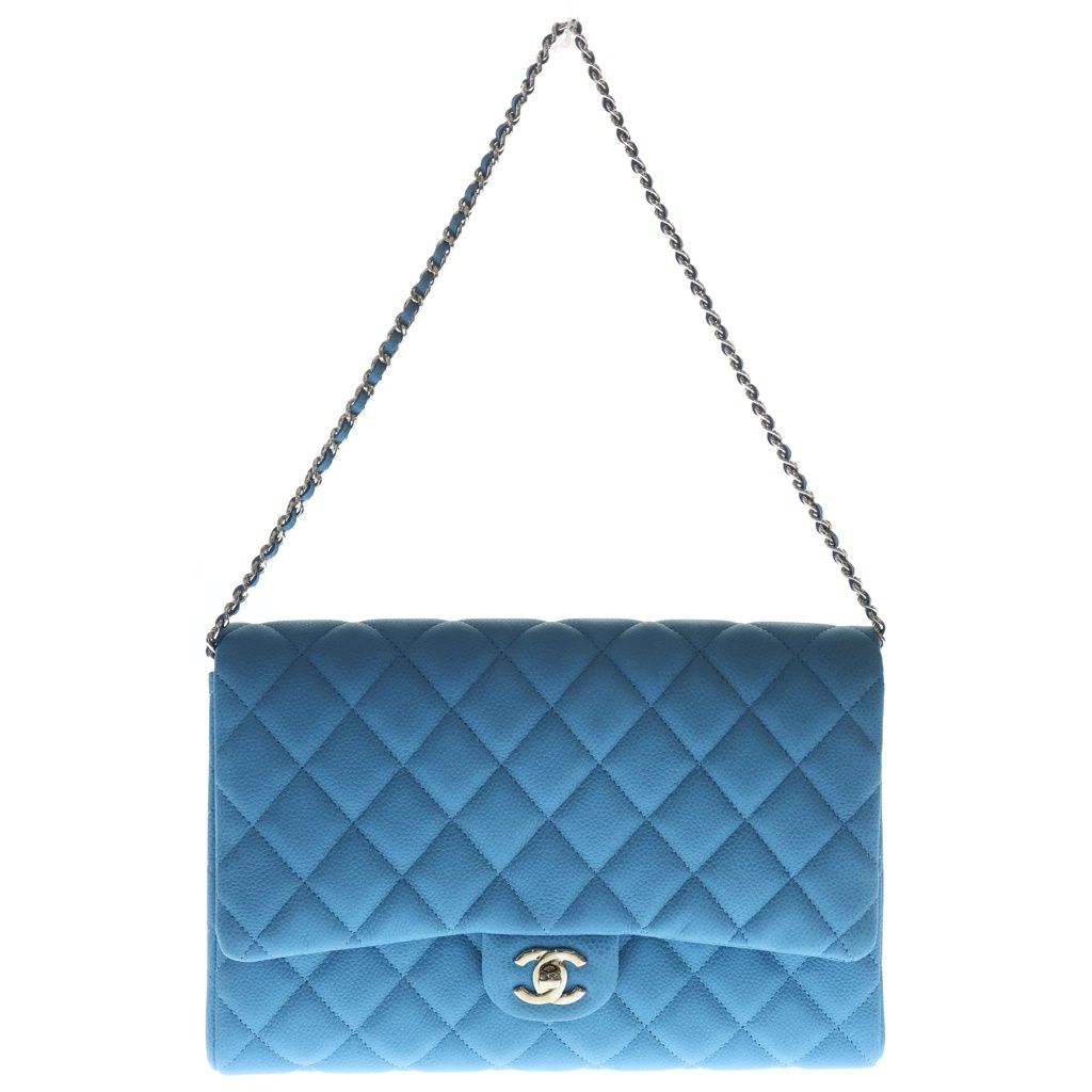 CHANEL (シャネル) マトラッセ28 キャビアスキン レザー Sフラップ チェーンショルダーバッグ シルバー金具 ブルー 18番台
