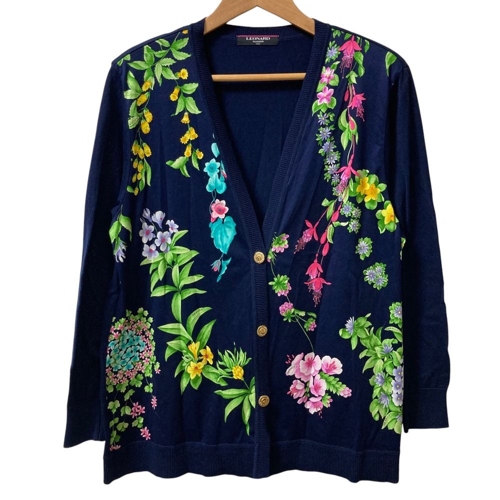 美品 LEONARD FASHION レオナールファッション フラワープリント ニットカーディガン サイズM ネイビー マルチカラー レディース 古着 中古 USED