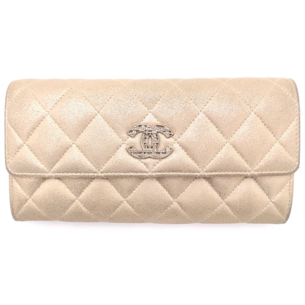 CHANEL (シャネル) マトラッセ ロングウォレット 長財布 カードケース ゴートスキン×シャンパンゴールド A80002 シルバー金具