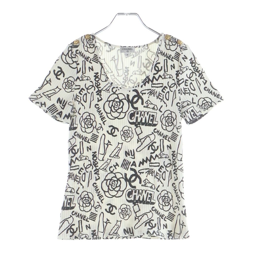 CHANEL (シャネル) 金ボタン アイコンモチーフ Tシャツ ホワイト×ブラック #36 P61888V47215
