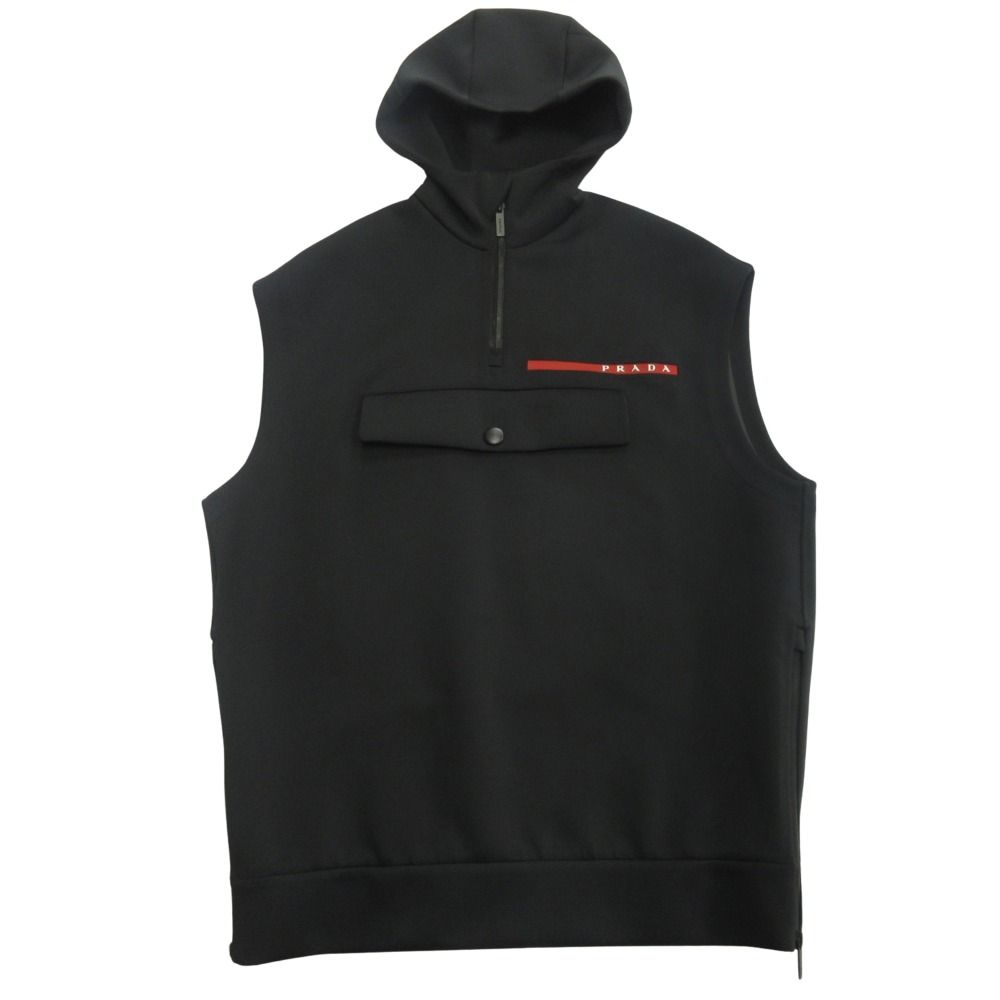 新品同様 PRADA SPORTS プラダスポーツ 19aw テクニカル ノースリーブ パーカー ベスト フーディ ラバーロゴ S 黒 ブラック メンズ 古着 中古 USED