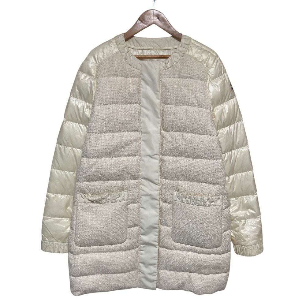 良品 MONCLER モンクレール VEULETTES ツイード切替 ノーカラーダウンコート 1 ホワイト レディース 古着 中古 USED 44,837円