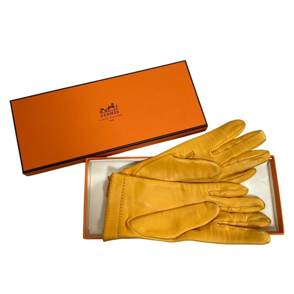 美品 HERMES エルメス カデナ ジップ レザー グローブ サイズ7 イエロー レディース 古着 中古 USED