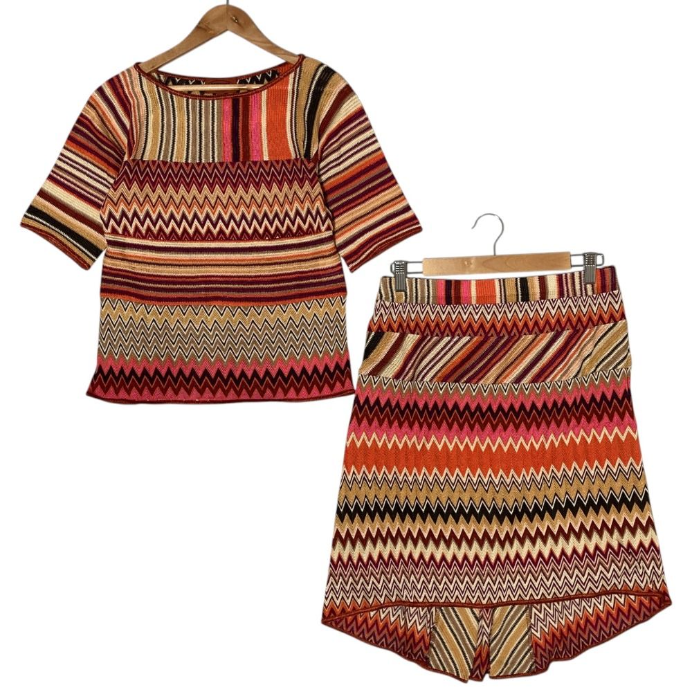 美品 MISSONI ミッソーニ シェブロンボーダー カットソー スカート セットアップ サイズ42 44 マルチカラー レディース 古着 中古 USED