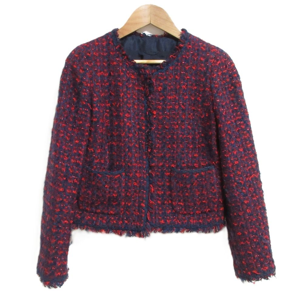 良品 ANAYI アナイ Jules Tournier ツイード ノーカラージャケット 36サイズ レッド ネイビー レディース 古着 中古 USED