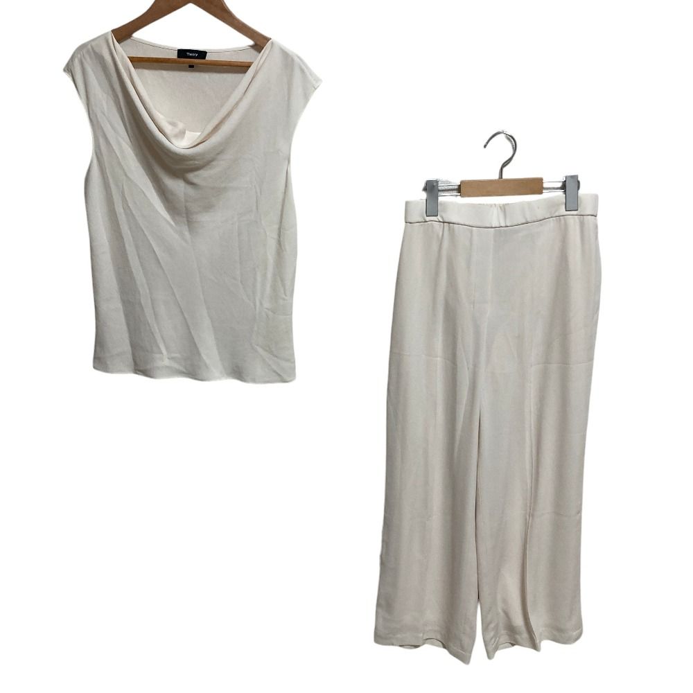 良品 24SS Theory セオリー POWDER CREPE ノースリーブ ブラウス イージー パンツ セットアップ サイズS/0 アイボリー レディース 古着 中古 USED