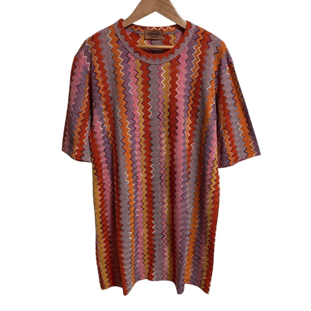 美品 MISSONI ミッソーニ シェブロン ジャガード オーバーサイズ 半袖 ニットカットソー 50 マルチカラー メンズ 古着 中古 USED