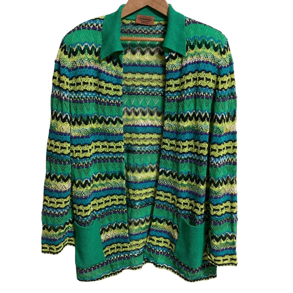 美品 MISSONI ミッソーニ 総柄 ジャガード オープンフロント カーディガン ニットジャケット サイズ44 グリーン レディース 古着 中古 USED