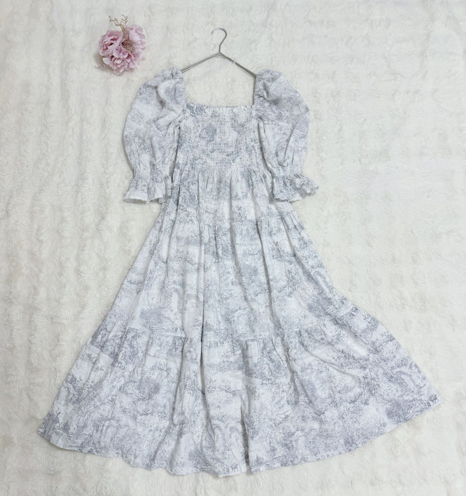 NOTHING FITS BUT KIKO DRESS L コットンリネン ロングワンピース 韓国製 シャーリング パフスリーブ トワルドジュイ風