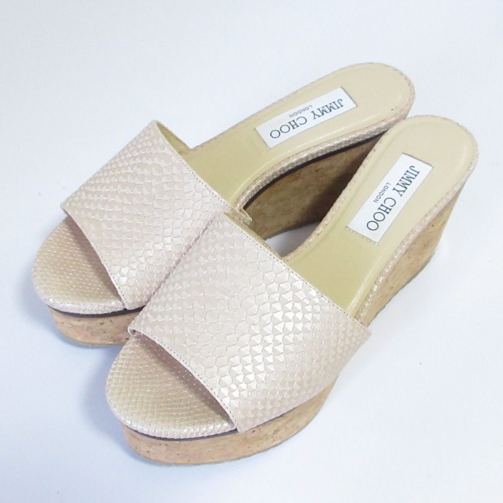 美品 JIMMY CHOO ジミーチュウ パイソン型押し コルクソール プラットフォーム 厚底 サンダル 37 24cm相当 ベージュ系 レディース 古着 中古 USED