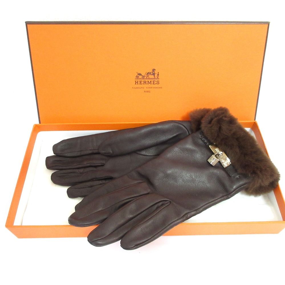 良品 HERMES エルメス プリンセス ケリー レザー グローブ ミンク サイズ7 ダークブラウン レディース 古着 中古 USED