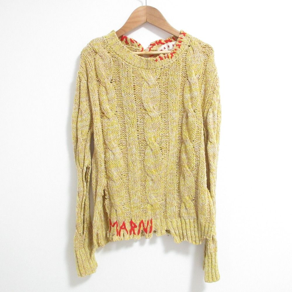 良品 24SS MARNI マルニ ロゴ刺繍 アシンメトリー ケーブルニットセーター GCMD0487Q0 サイズ40 イエロー レディース 古着 中古 USED