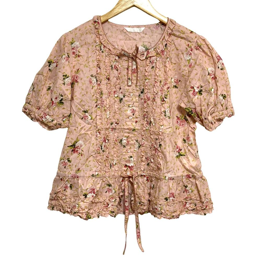 美品 24SS PINK HOUSE ピンクハウス ローズプリントフリルパフスリーブブラウス シャツ A2141FB201 ピンク レディース 古着 中古 USED