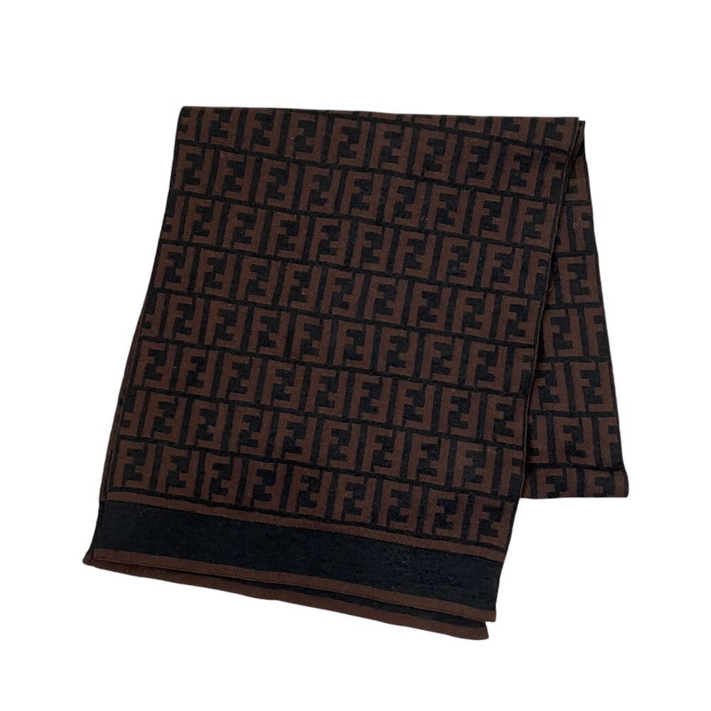 美品 FENDI フェンディ ヴィンテージ ズッカ柄 ニットマフラー ブラウン×ブラック メンズ 古着 中古 USED