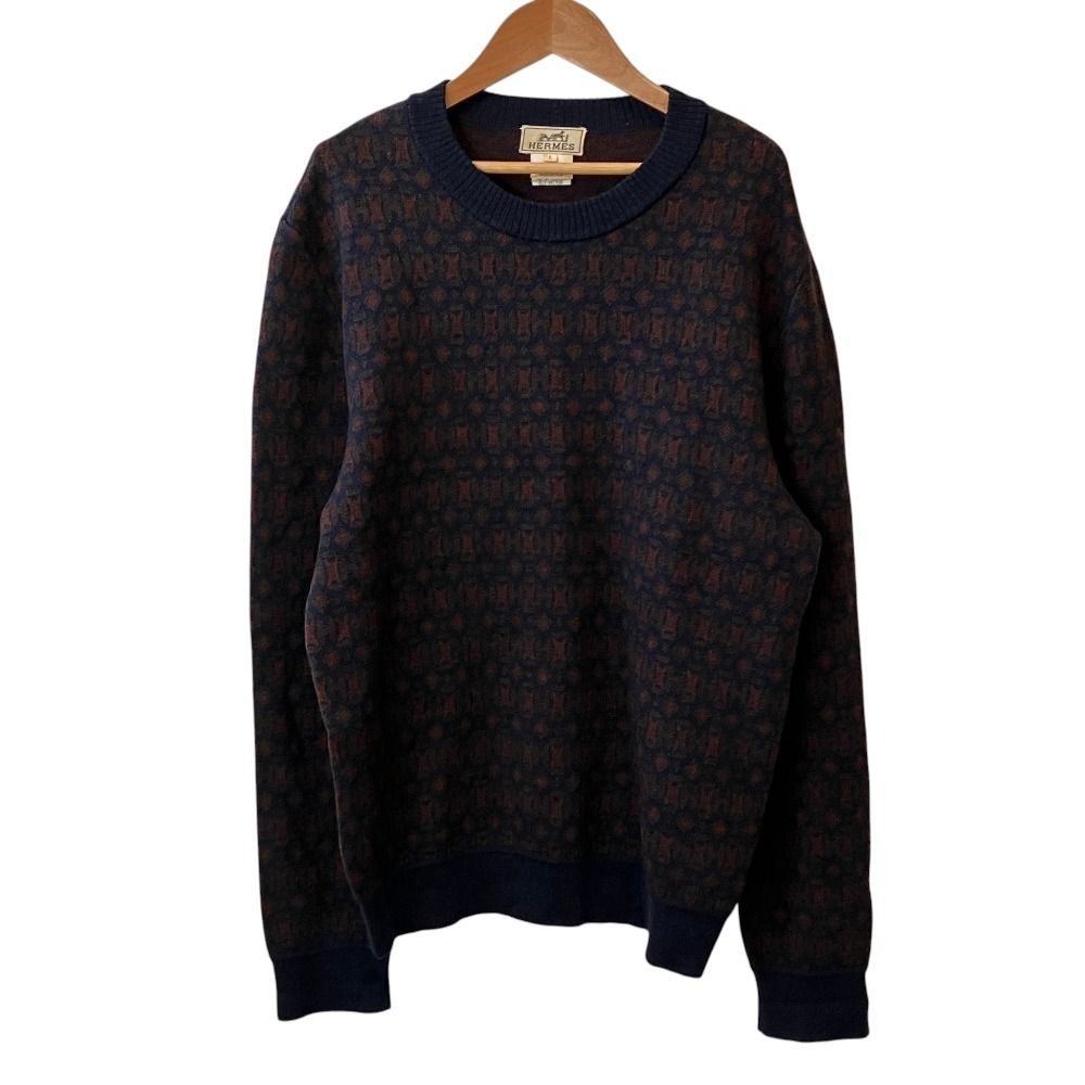 美品 Hermès エルメス ヴィンテージ 総柄 ニットセーター L ネイビー系 メンズ 古着 中古 USED