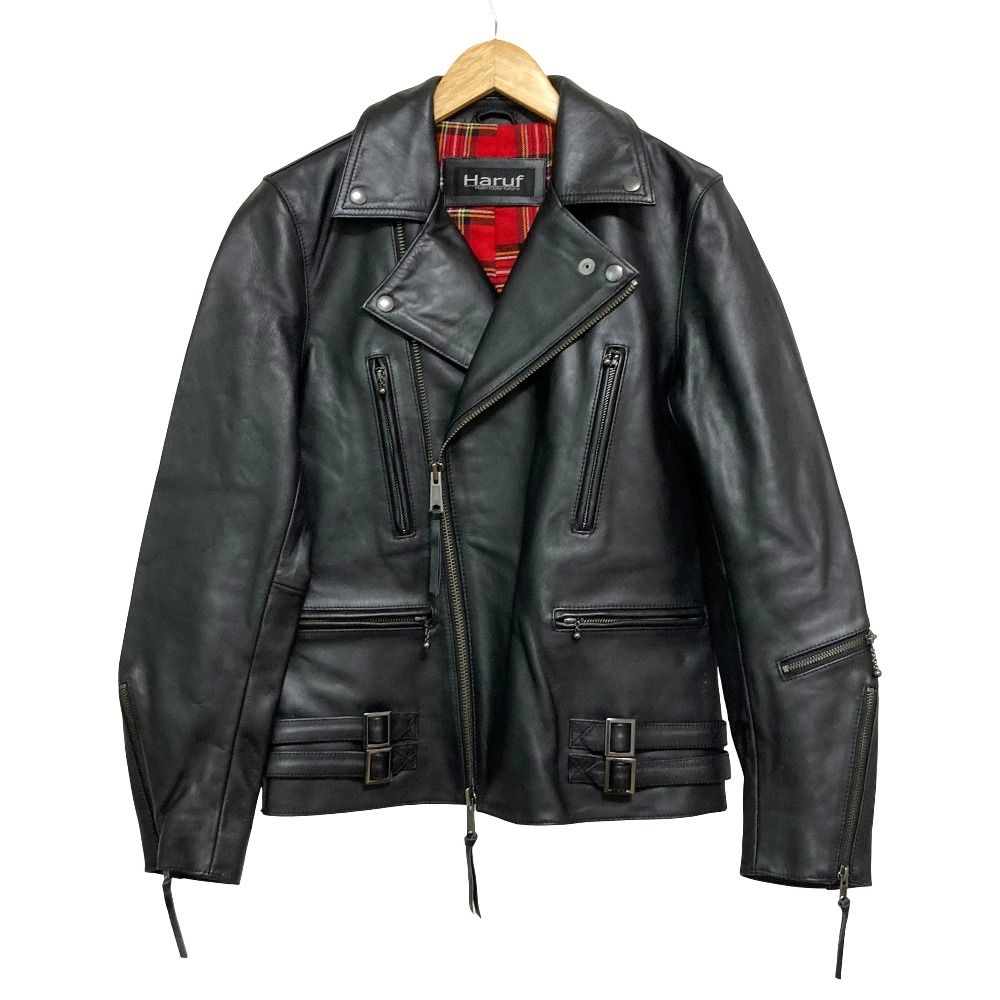 良品 Haruf ハルフ 裏地チェック ダブル ライダースジャケット サイズM ブラック メンズ 古着 中古 USED