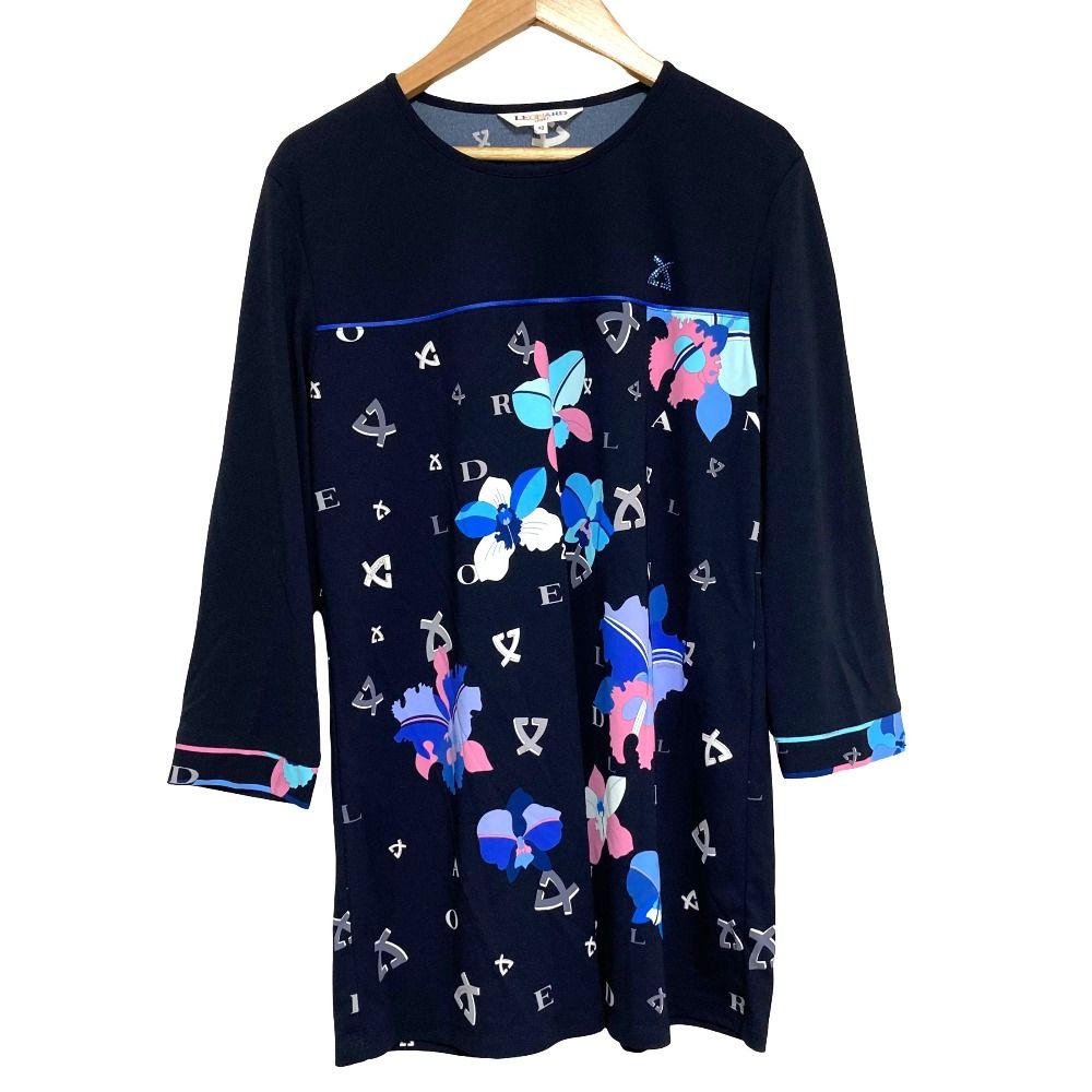美品 LEONARD SPORT レオナールスポーツ フラワープリント ラインストーン装飾 ブラウス サイズ40 ネイビー レディース 古着 中古 USED