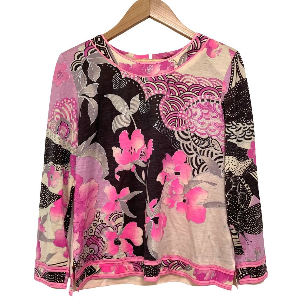 美品 LEONARD FASHION レオナールファッション フラワープリント ウールシルク ブラウス サイズLL ベージュ ピンク レディース 古着 中古 USED