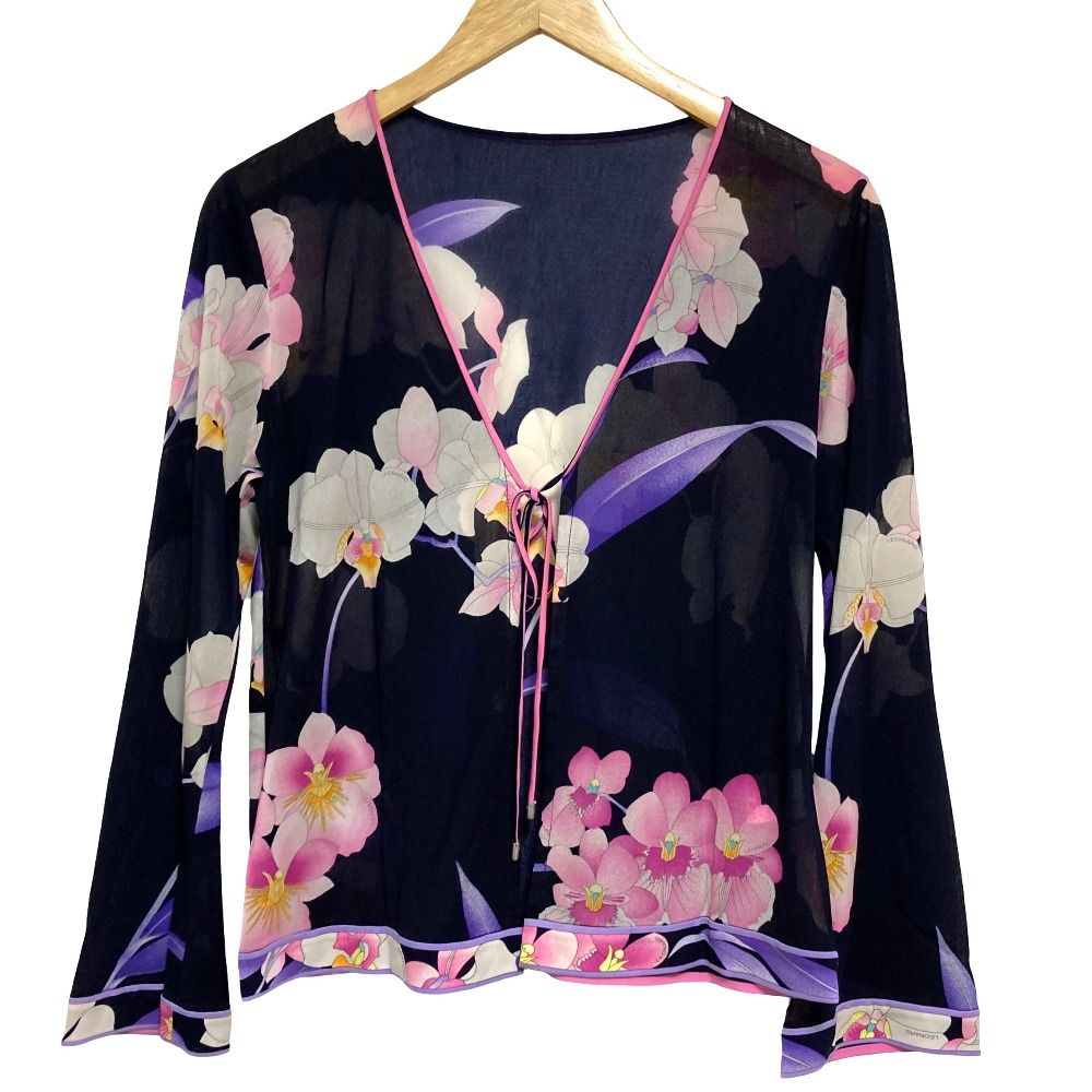 良品 LEONARD FASHION レオナールファッション フラワープリント カンカンストレッチ シアーブラウス サイズM ネイビー レディース 古着 中古 USED