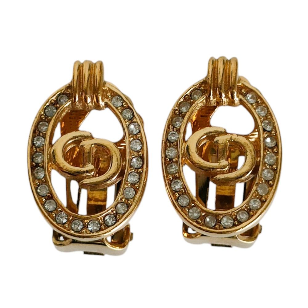 新品同様 Christian Dior クリスチャンディオール CD ラインストーン クリップイヤリング アクセサリー ゴールドカラー レディース 古着 中古 USED