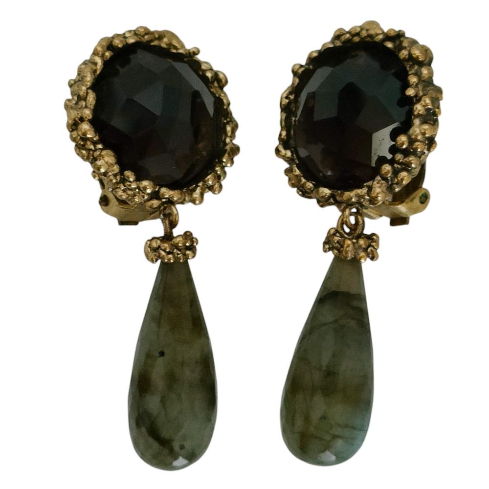 美品 DANIELA DE MARCHI ダニエラデマルキ 天然石 ドロップ クリップイヤリング アクセサリー ゴールドカラー ブラウン ブラック レディース 古着 中古 USED