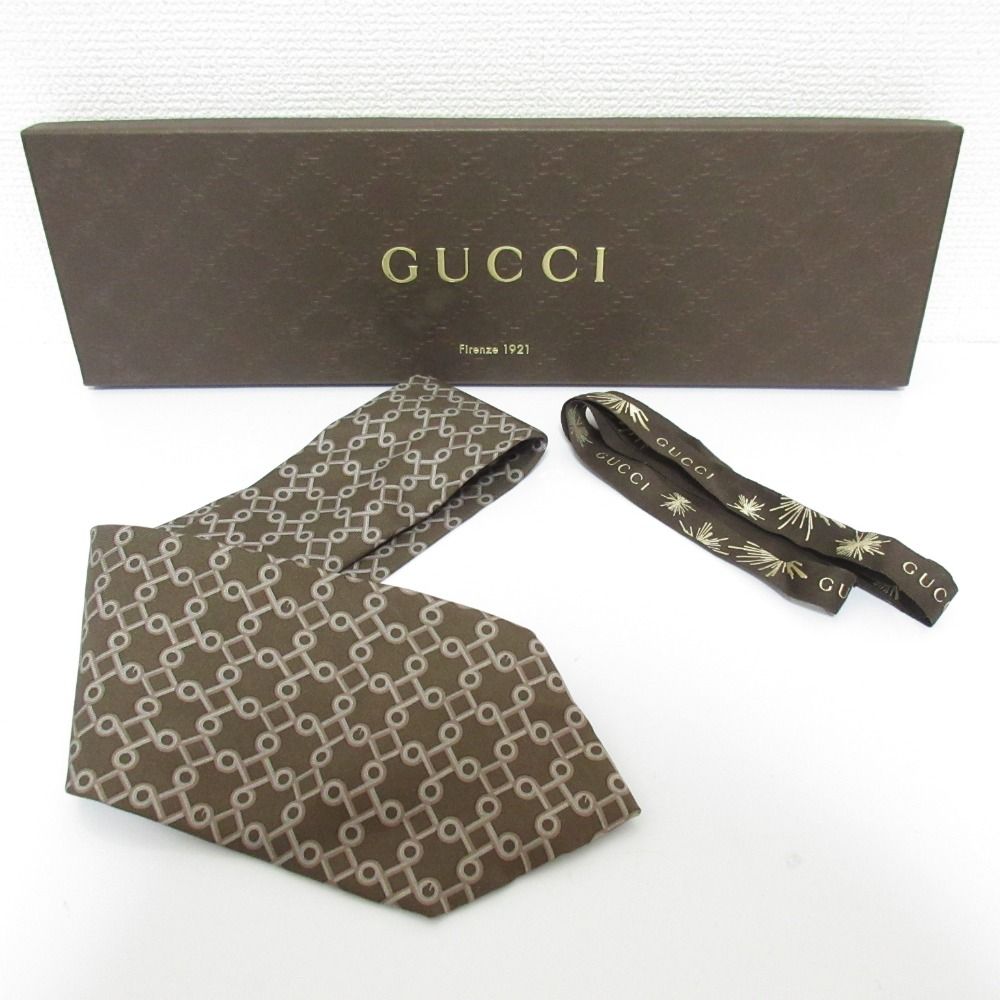 美品 GUCCI グッチ 幾何学柄 シルク ネクタイ ブラウン メンズ 古着 中古 USED