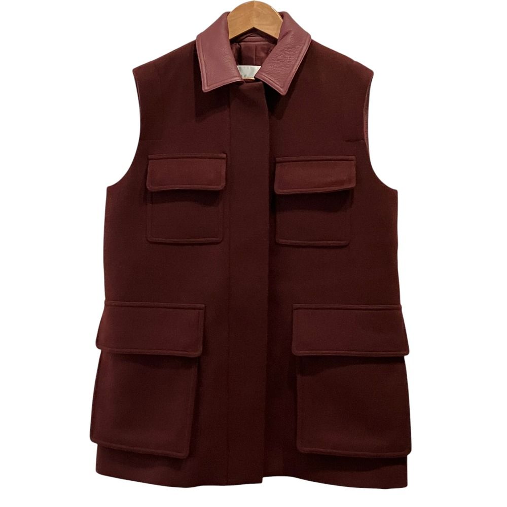 美品 25AW Max Mara マックスマーラ ウール アルパカ レザー 4ポケット ベスト ジレ 25212760436 サイズ36 ボルドー レディース 古着 中古 USED