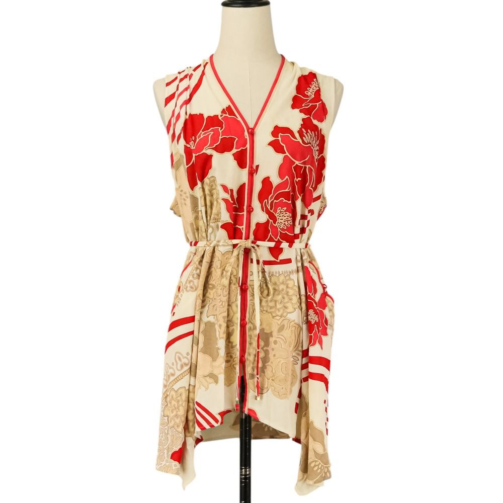 良品 LEONARD FASHION レオナールファッション フラワープリント ベルテッド ジレ ロング カーディガン 40 レッド アイボリー レディース 古着 中古 USED
