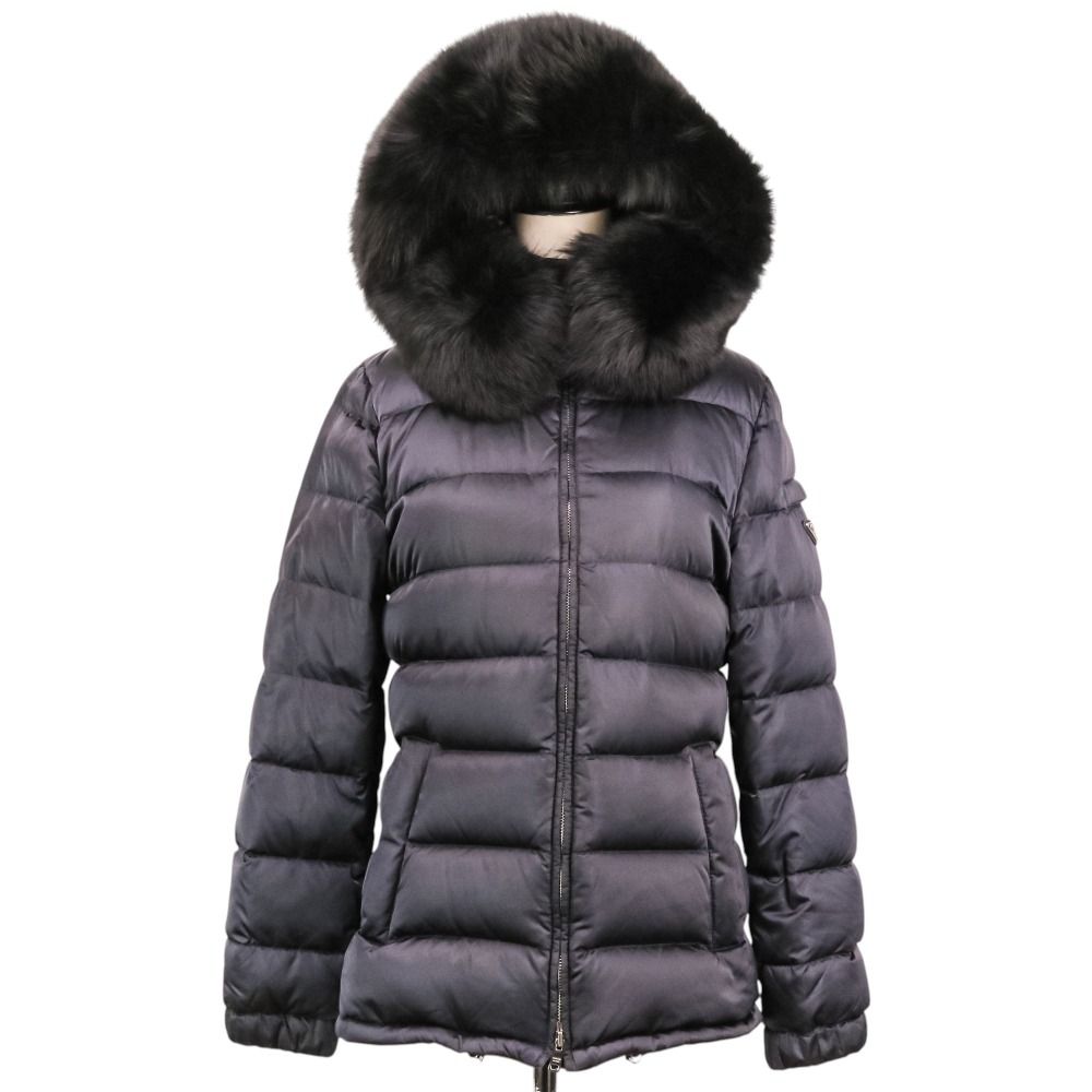 美品 PRADA プラダ ブルーフォックスファー 三角プレート ダウンコート 