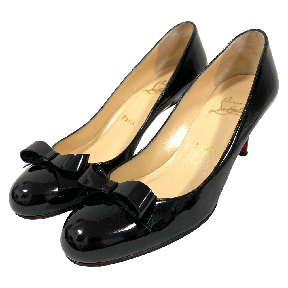 美品 Christian Louboutin クリスチャンルブタン パテントレザー リボン パンプス サイズ37.5 約24.5cm ブラック レディース 古着 中古 USED