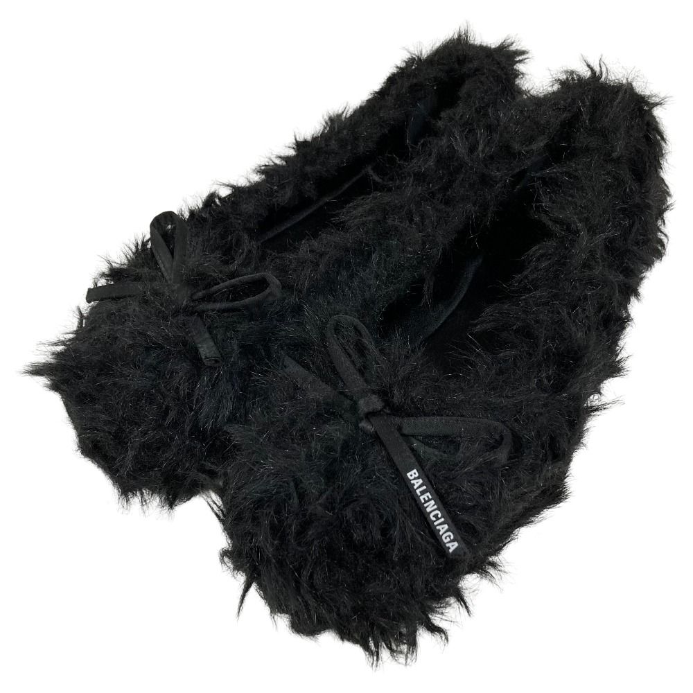 美品 BALENCIAGA バレンシアガ フェイクファー LEOPOLD FLAT フラットパンプス サイズ36 24cm ブラック レディース 古着 中古 USED