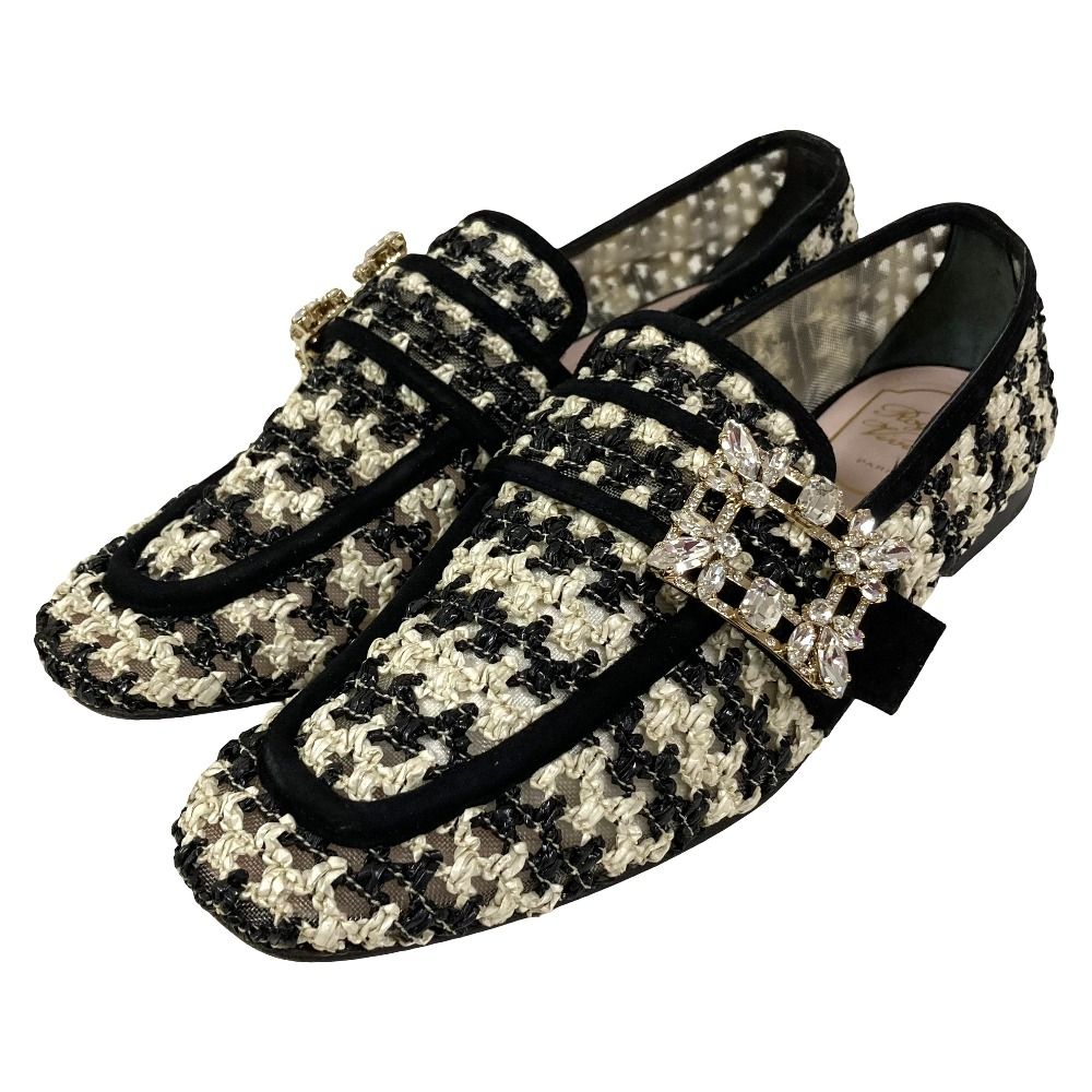 美品 ROGER VIVIER ロジェヴィヴィエ ビジュー付き ツイードローファー シューズ サイズ39 約25cm ブラック ホワイト レディース 古着 中古 USED